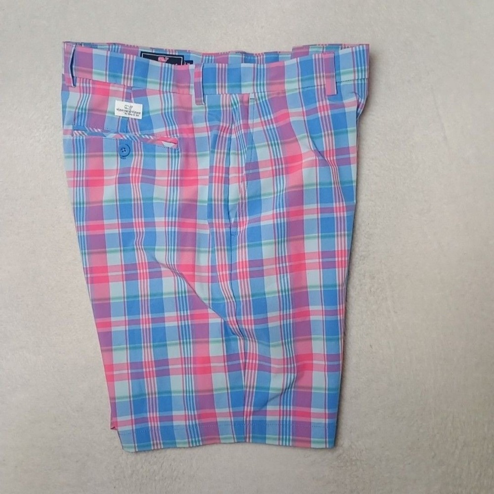 Vineyard Vines Shorts Mens 36 Pink Blue Plaid 8" Golf Performance Stretch Work